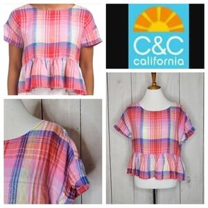 C&C California Plaid Linen Cropped‎ Peplum Top M